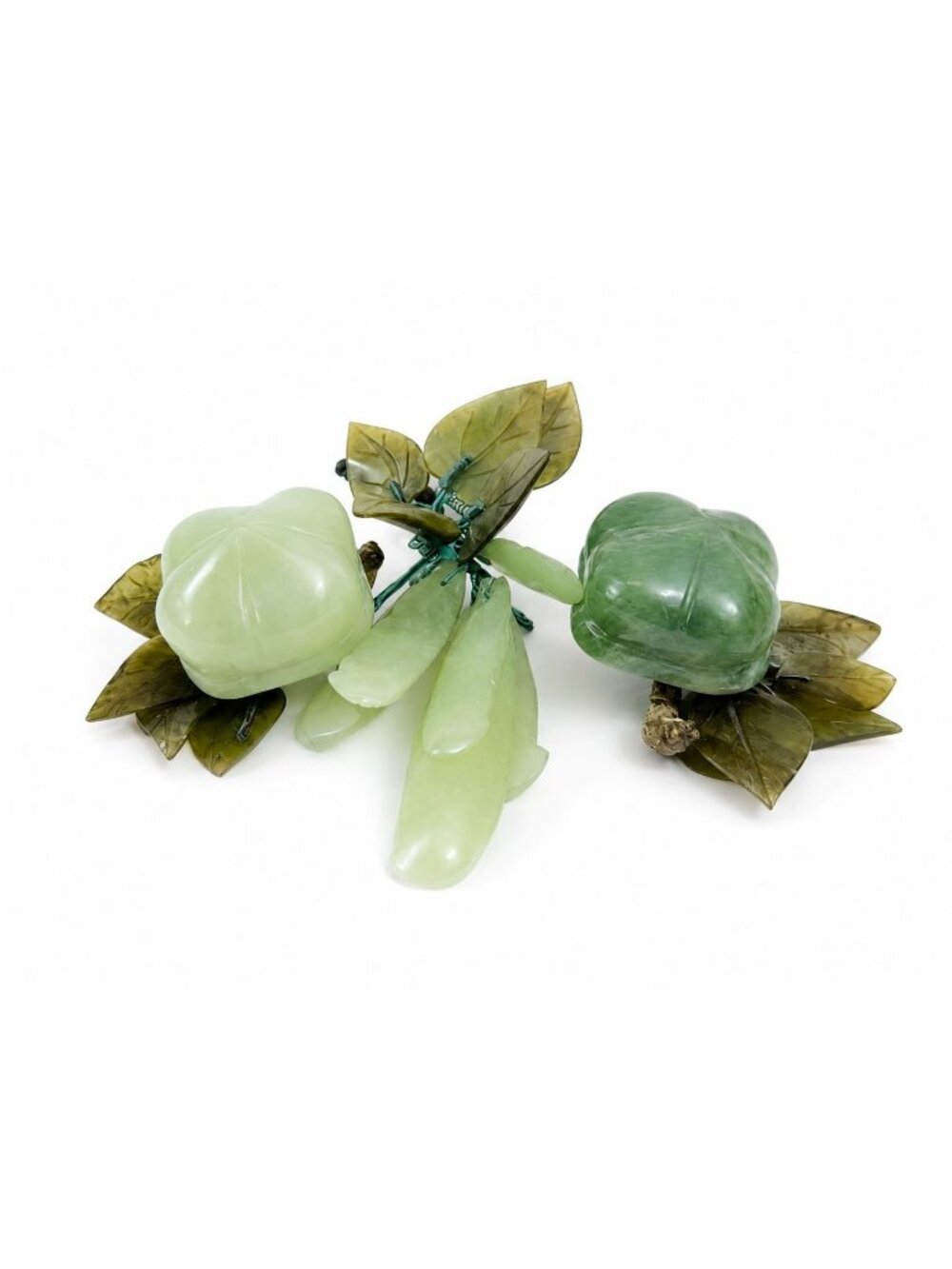 Hand Carved Jade Stone Fruit Stem Flowers Leaves Set 3 Vintage Mid-Century Moder